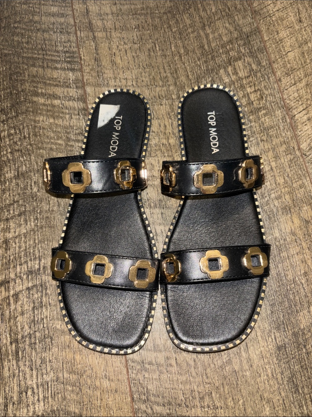 TOP Moda Black Slide Sandals with Gold Chain Motif
